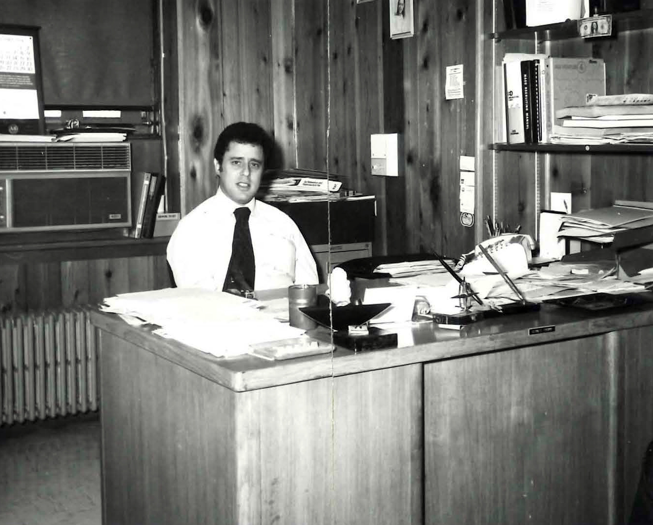 Bernie Fromm behind his desk in Reading, Pa.